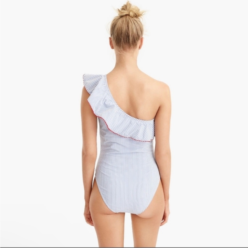 J. Crew One Shoulder Ruffle Swimsuit Seersucker Pom Trim Blue White Red - Picture 12 of 12